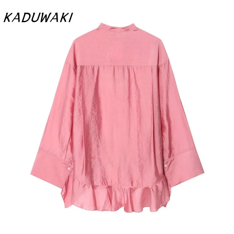 KADUWAKI Classic Solid Color Round Neck Layered Ruffle Edge Long Sleeved Shirt Fashion Single Breasted Casual Commuting Top