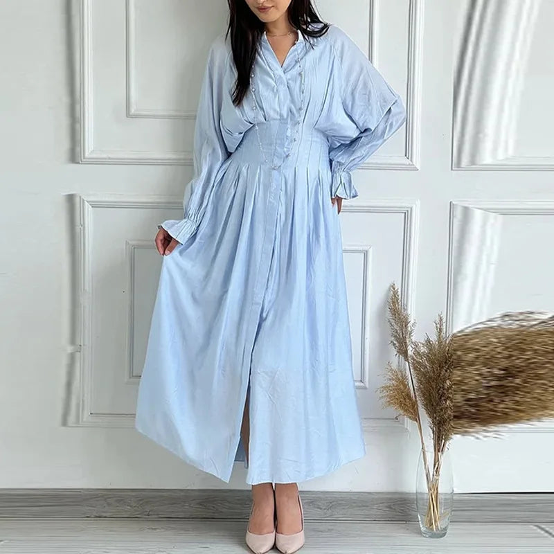 FL Summer New Women Slim Elegant Solid Waist Cinched Button Long Dress Soft Light Breathable Chic Daily Casual Beach Holiday