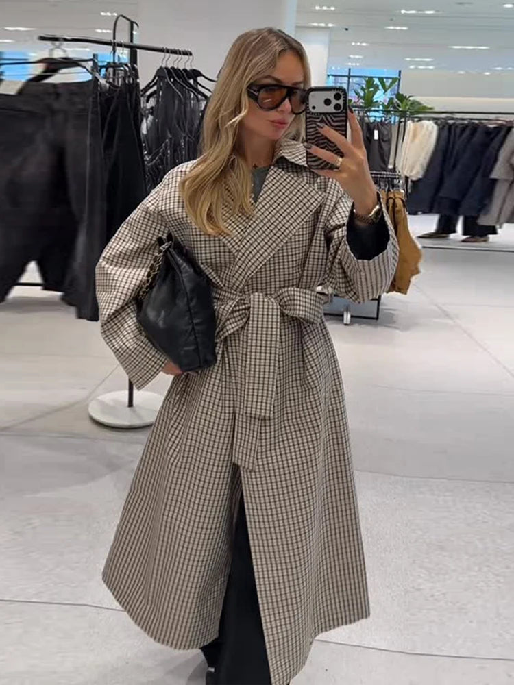 Women Casual Plaid Windbreaker Turn-down Collar Long Sleeve Belt Waist Jacket 2026 Spring Fashion High Street Lady Commute Coat
