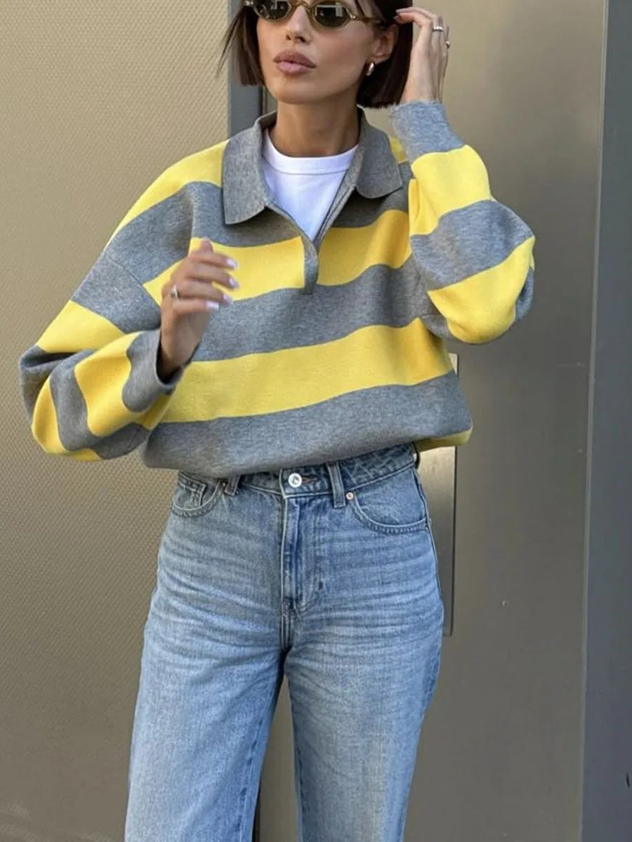 2026 Autumn Winter Two-tone Striped Turn-down Collar Pullovers Women Fashion Long Sleeve Knit Sweaters