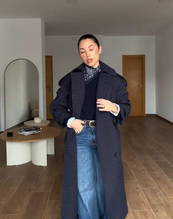 Elegant Lace-up Plaid Lapel Maxi Trench Coat Women Fashion Single Breasted Full Sleeve Loose Coats Lady 2026 New Spring Outwear