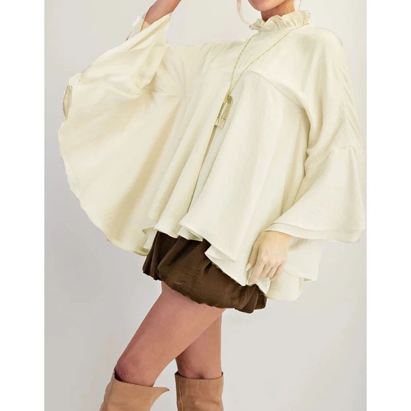 Women's Loose Fit Tops Fashionable Solid Color Long Sleeve Round Neck Irregular Ruffles Layered Blouses for Casual Daily Wear