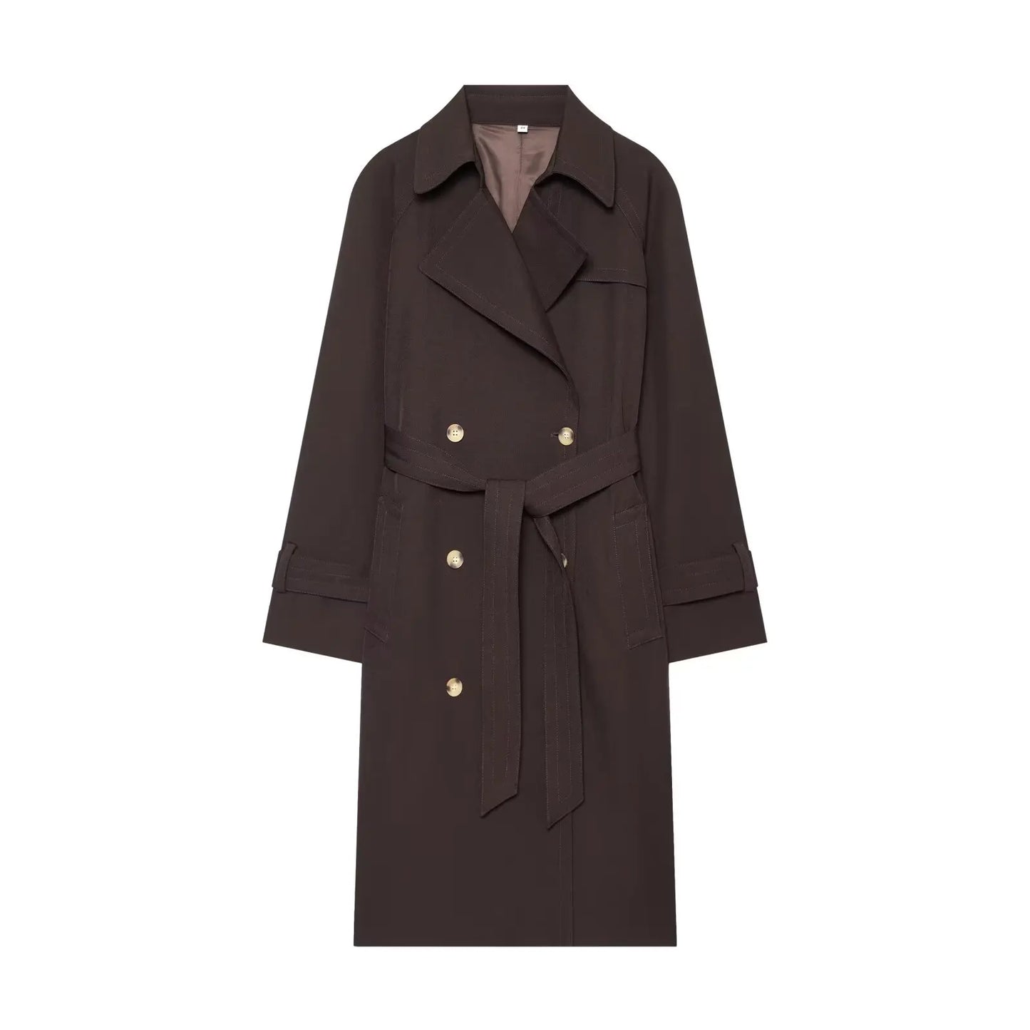 BSAY 2026 New Elegant Women Long Trench Coat Lapel Collar Double Breasted Waist Belt Raglan Sleeve Casual Windbreaker Outerwear