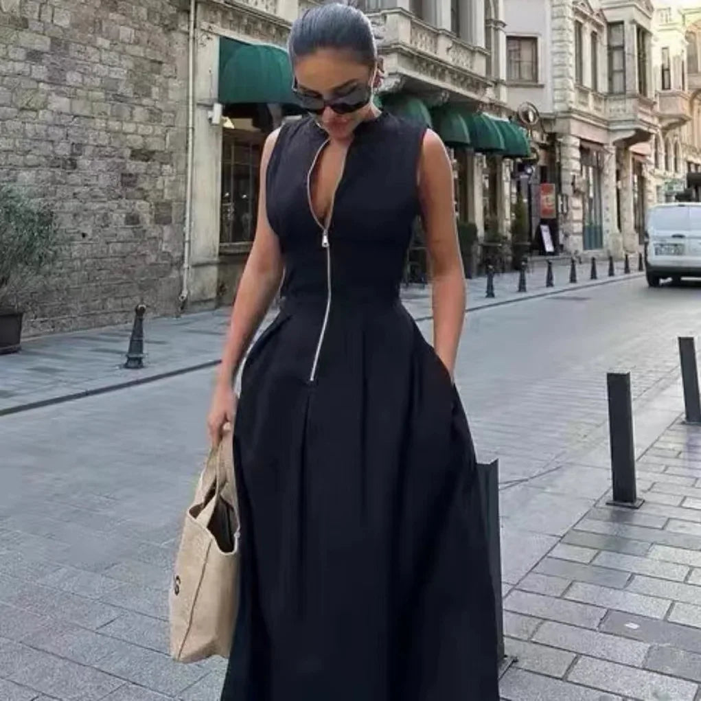 2026 2025 Spring New Women's Clothing Style French Design Round Neck Sleeveless Waist Commuter Temperament Midi Dress