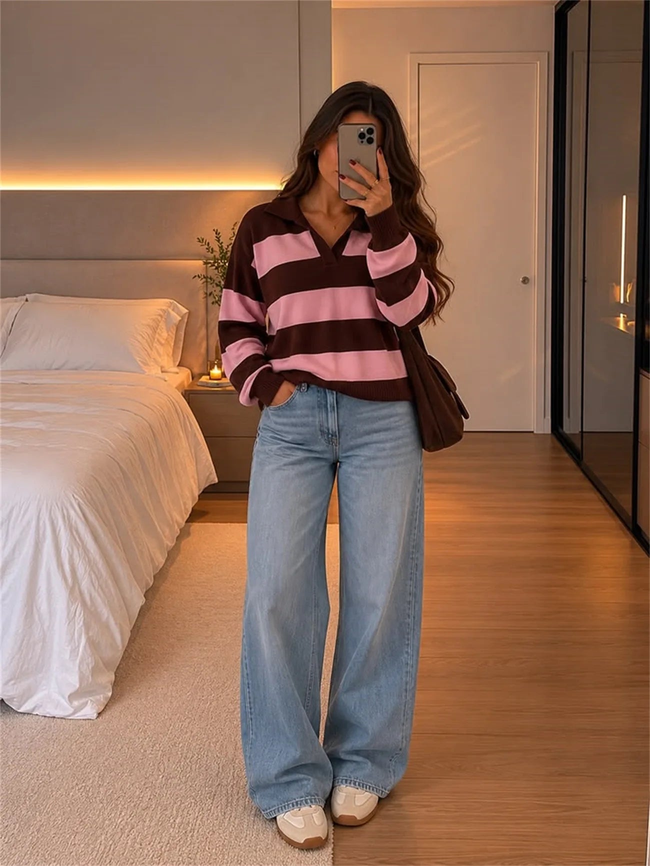 2026 Autumn Winter Two-tone Striped Turn-down Collar Pullovers Women Fashion Long Sleeve Knit Sweaters