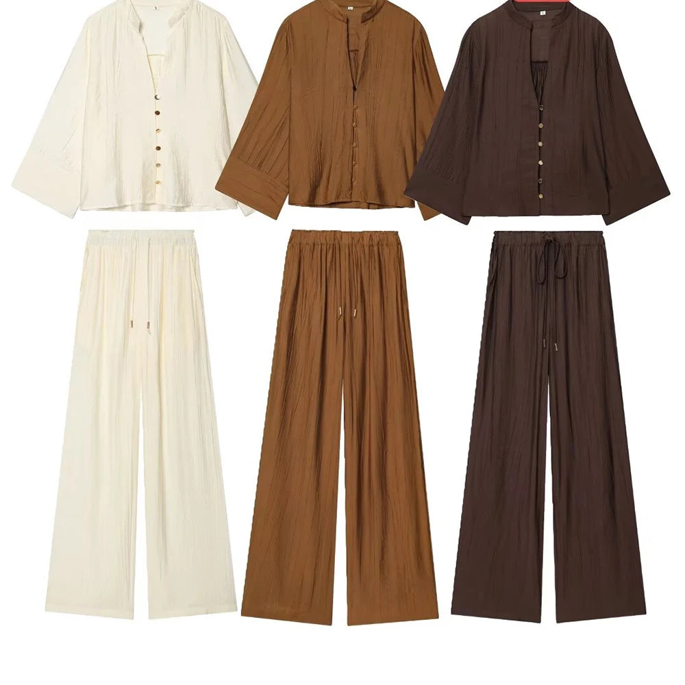 Autumn new women's loose and simple V-neck long sleeved shirt with elastic waist and wide leg pants set