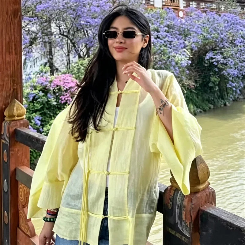 Guobioziy Women's Shirt 2026 Summer New Yellow Long Sleeve with Knot Button Decoration Loose Fit Beach Vacation Elegant