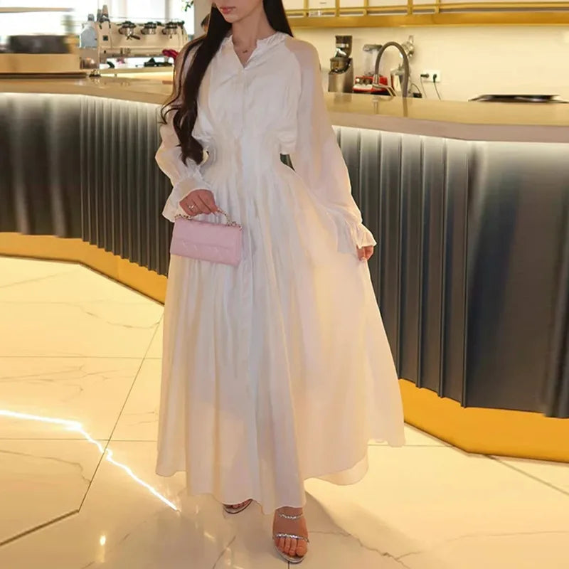 FL Summer New Women Slim Elegant Solid Waist Cinched Button Long Dress Soft Light Breathable Chic Daily Casual Beach Holiday