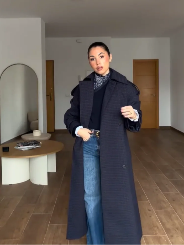Elegant Lace-up Plaid Lapel Maxi Trench Coat Women Fashion Single Breasted Full Sleeve Loose Coats Lady 2026 New Spring Outwear