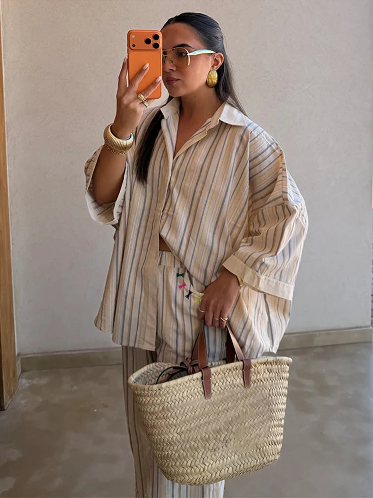 Contrast Stripe Linen Pants 2 Pieces Set Women's Lapel Buttons Shirts Long Trousers 2026 New Ladies Summer Vacation Beach Outfit