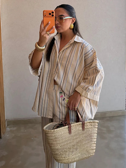 Contrast Stripe Linen Pants 2 Pieces Set Women's Lapel Buttons Shirts Long Trousers 2026 New Ladies Summer Vacation Beach Outfit