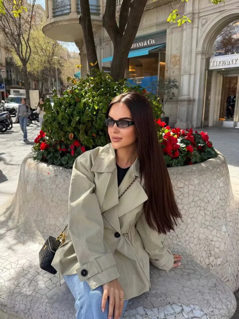 ETJ 2026 Women Casual Trench Coat Short Style Drawstring Waist Jacket Fashion Office Lady Spring Autumn Coat