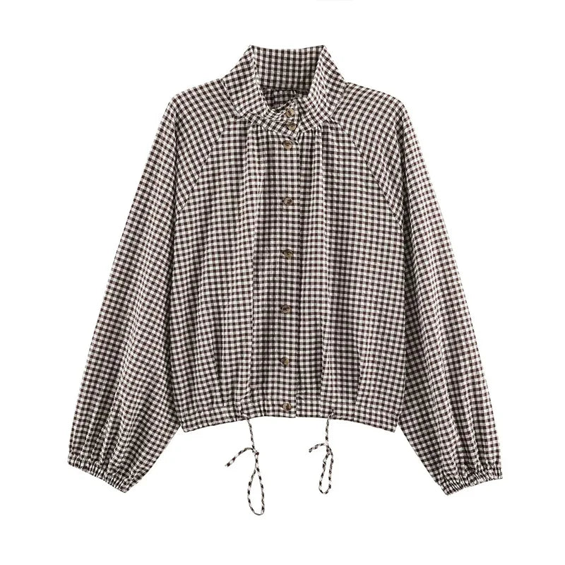 Guobioziy Women's Jacket 2026 Autumn New Plaid Long-Sleeve Drawstring Loose Jacket Parka Casual Fashion Versatile