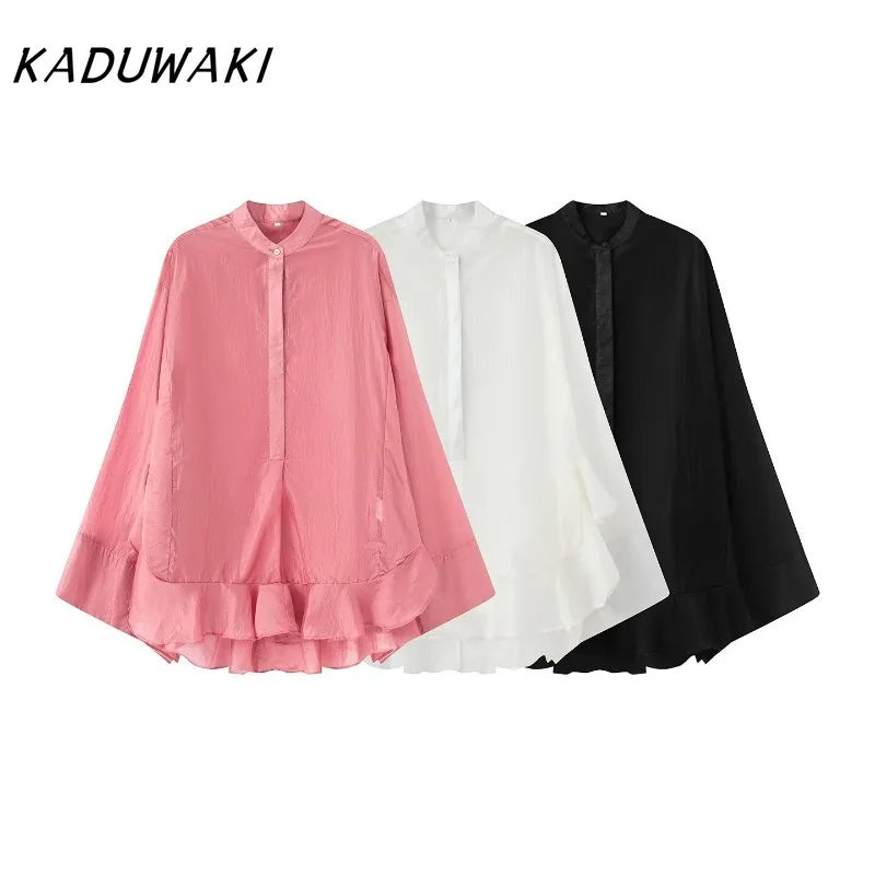 KADUWAKI Classic Solid Color Round Neck Layered Ruffle Edge Long Sleeved Shirt Fashion Single Breasted Casual Commuting Top