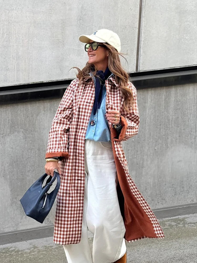 Red Plaid Long Trench Coat Casual Lapel Single Breasted Full Sleeve Windbreaker Jacket Y2k 2026 Autumn New Lady Streetwear