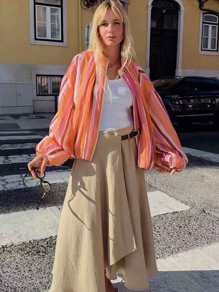 TFMLN Women's Bomber Jacket Multicolored Striped Long Sleeves Loose Jackets High Collar Striped Zipper Jackets and Elastic Trims