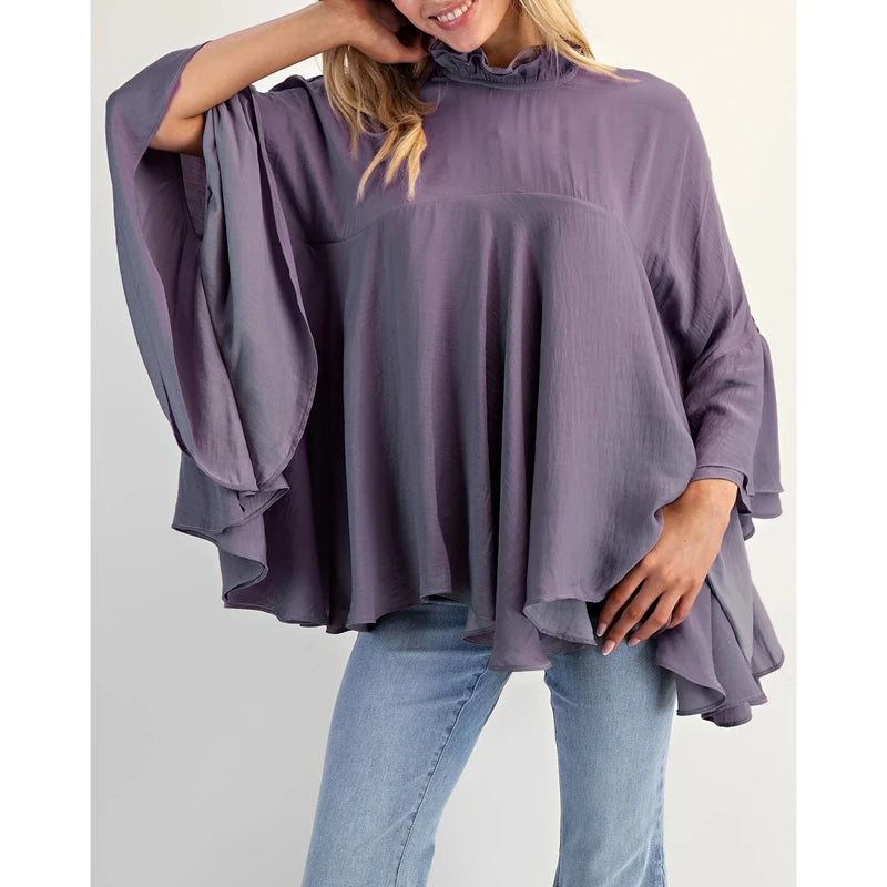 Women's Loose Fit Tops Fashionable Solid Color Long Sleeve Round Neck Irregular Ruffles Layered Blouses for Casual Daily Wear