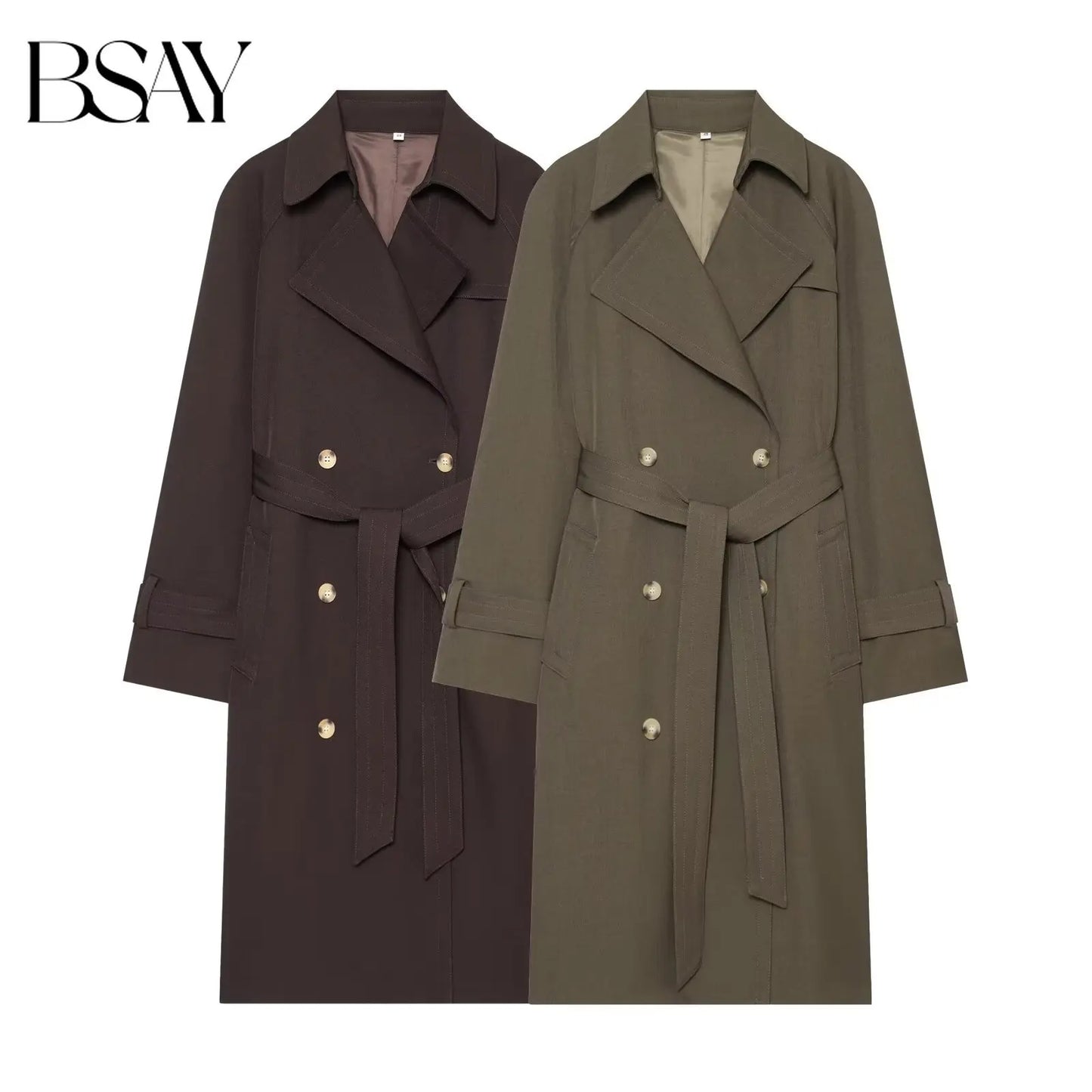 BSAY 2026 New Elegant Women Long Trench Coat Lapel Collar Double Breasted Waist Belt Raglan Sleeve Casual Windbreaker Outerwear