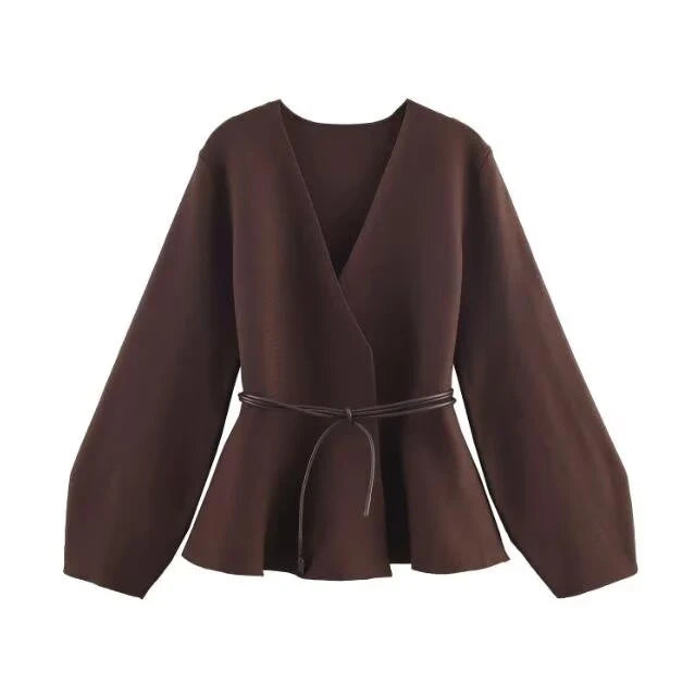 European and American 2025 Winter New Women's Clothing Style Simple and Casual with Belt V-neck Long sleeved Knitted Coat