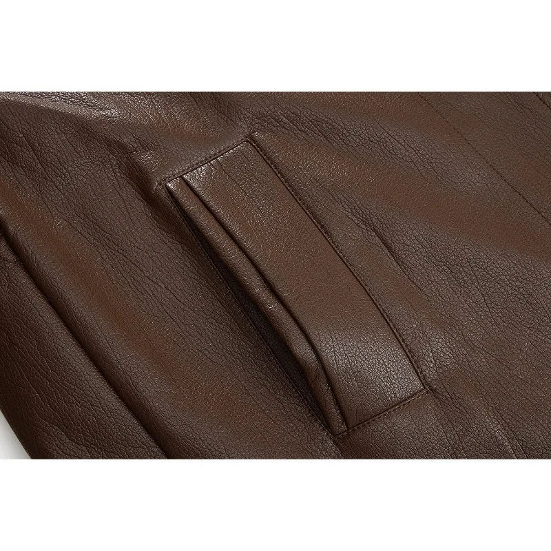 Maillard Coffee Color Design tie up Slimming Leather Jacket 2025Autumn New Loose Solid Color Outfit Korean Outerwear top Commute