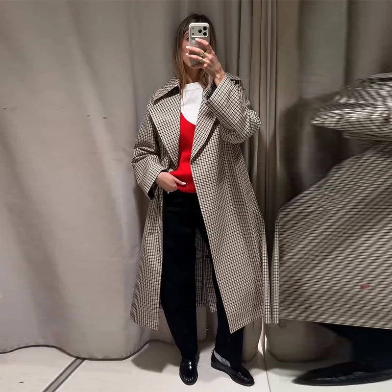 Women Casual Plaid Windbreaker Turn-down Collar Long Sleeve Belt Waist Jacket 2026 Spring Fashion High Street Lady Commute Coat