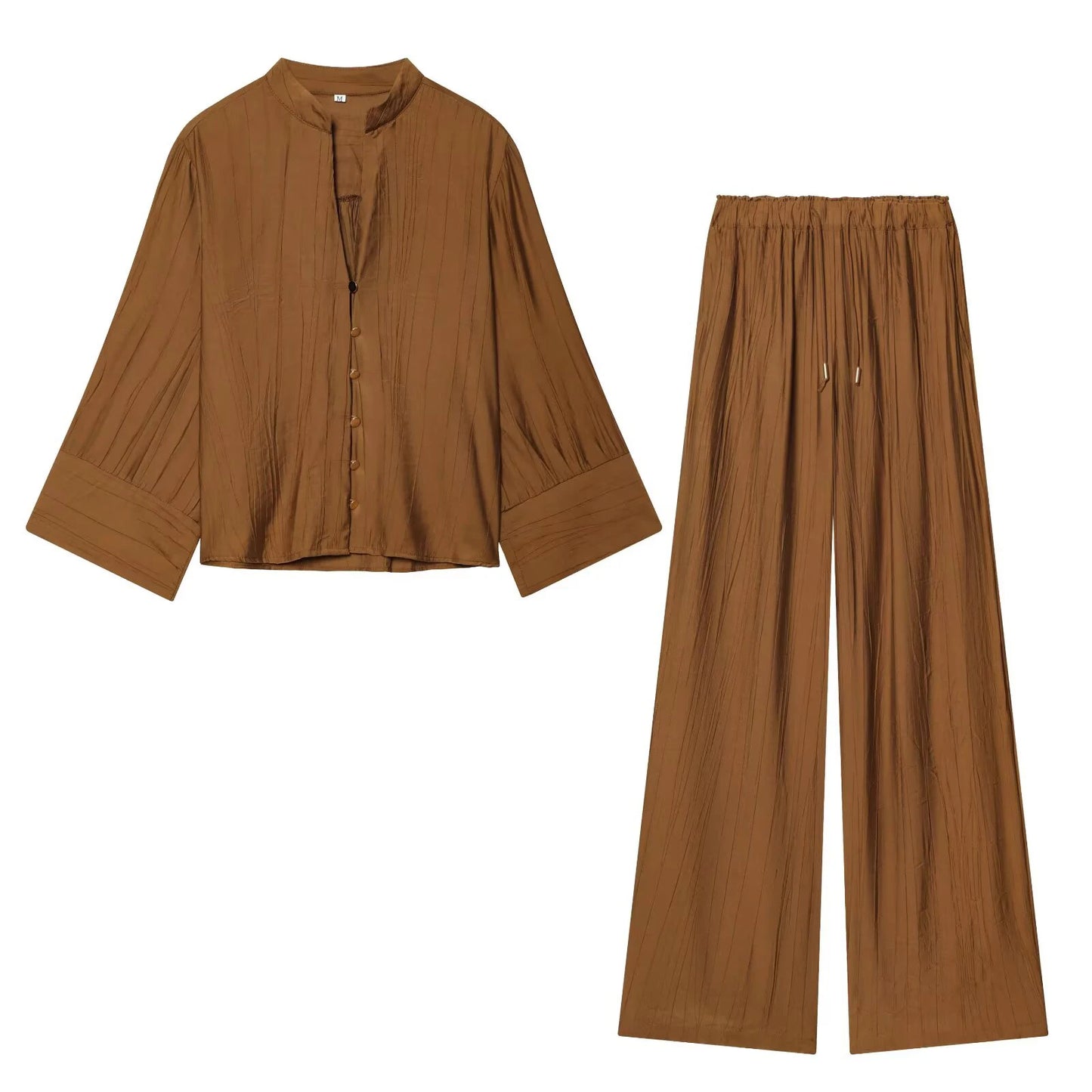 Autumn new women's loose and simple V-neck long sleeved shirt with elastic waist and wide leg pants set