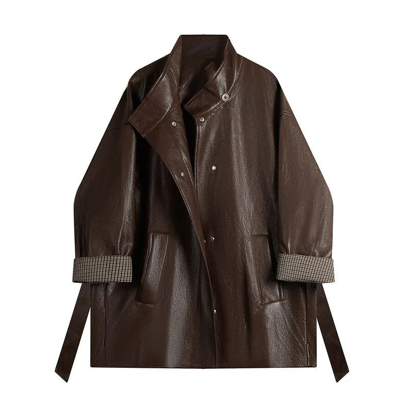 Maillard Coffee Color Design tie up Slimming Leather Jacket 2025Autumn New Loose Solid Color Outfit Korean Outerwear top Commute