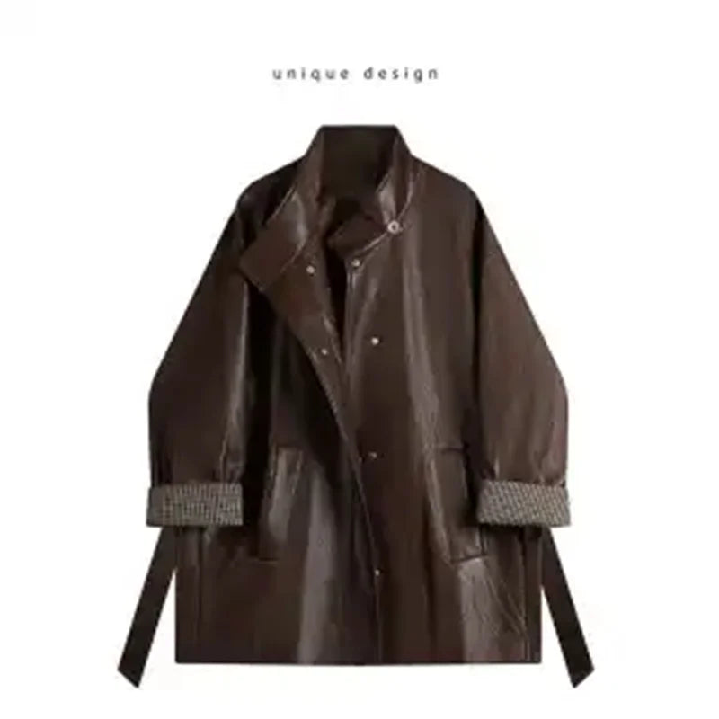 Maillard Coffee Color Design tie up Slimming Leather Jacket 2025Autumn New Loose Solid Color Outfit Korean Outerwear top Commute