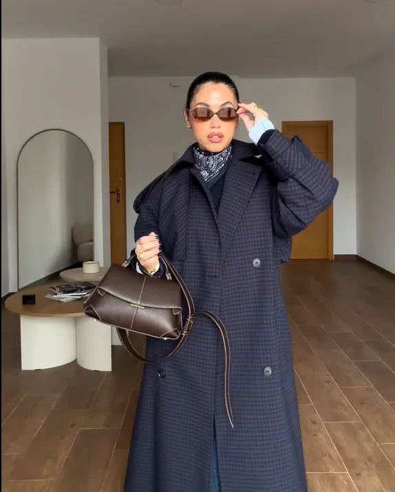 Elegant Lace-up Plaid Lapel Maxi Trench Coat Women Fashion Single Breasted Full Sleeve Loose Coats Lady 2026 New Spring Outwear