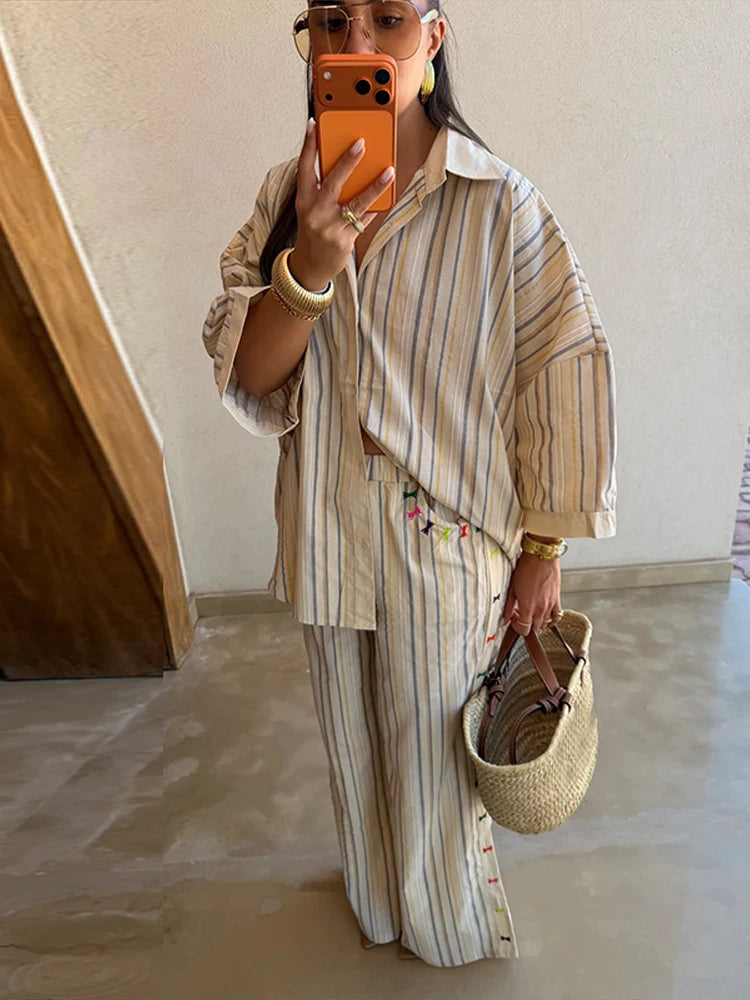 Contrast Stripe Linen Pants 2 Pieces Set Women's Lapel Buttons Shirts Long Trousers 2026 New Ladies Summer Vacation Beach Outfit