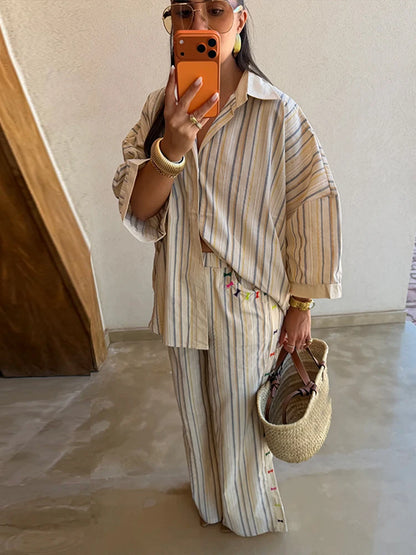 Contrast Stripe Linen Pants 2 Pieces Set Women's Lapel Buttons Shirts Long Trousers 2026 New Ladies Summer Vacation Beach Outfit