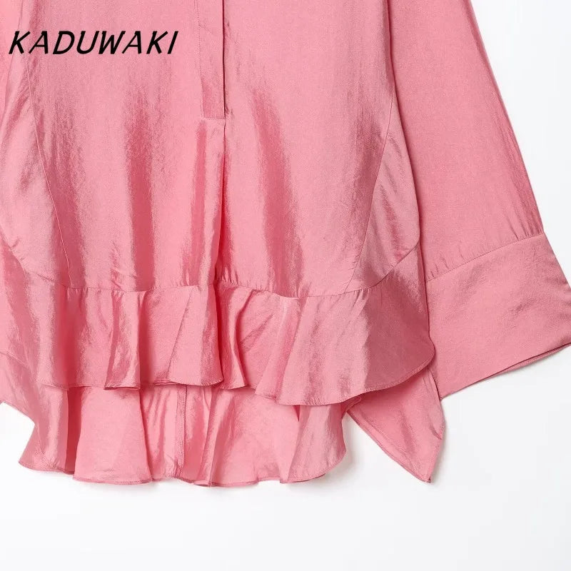 KADUWAKI Classic Solid Color Round Neck Layered Ruffle Edge Long Sleeved Shirt Fashion Single Breasted Casual Commuting Top