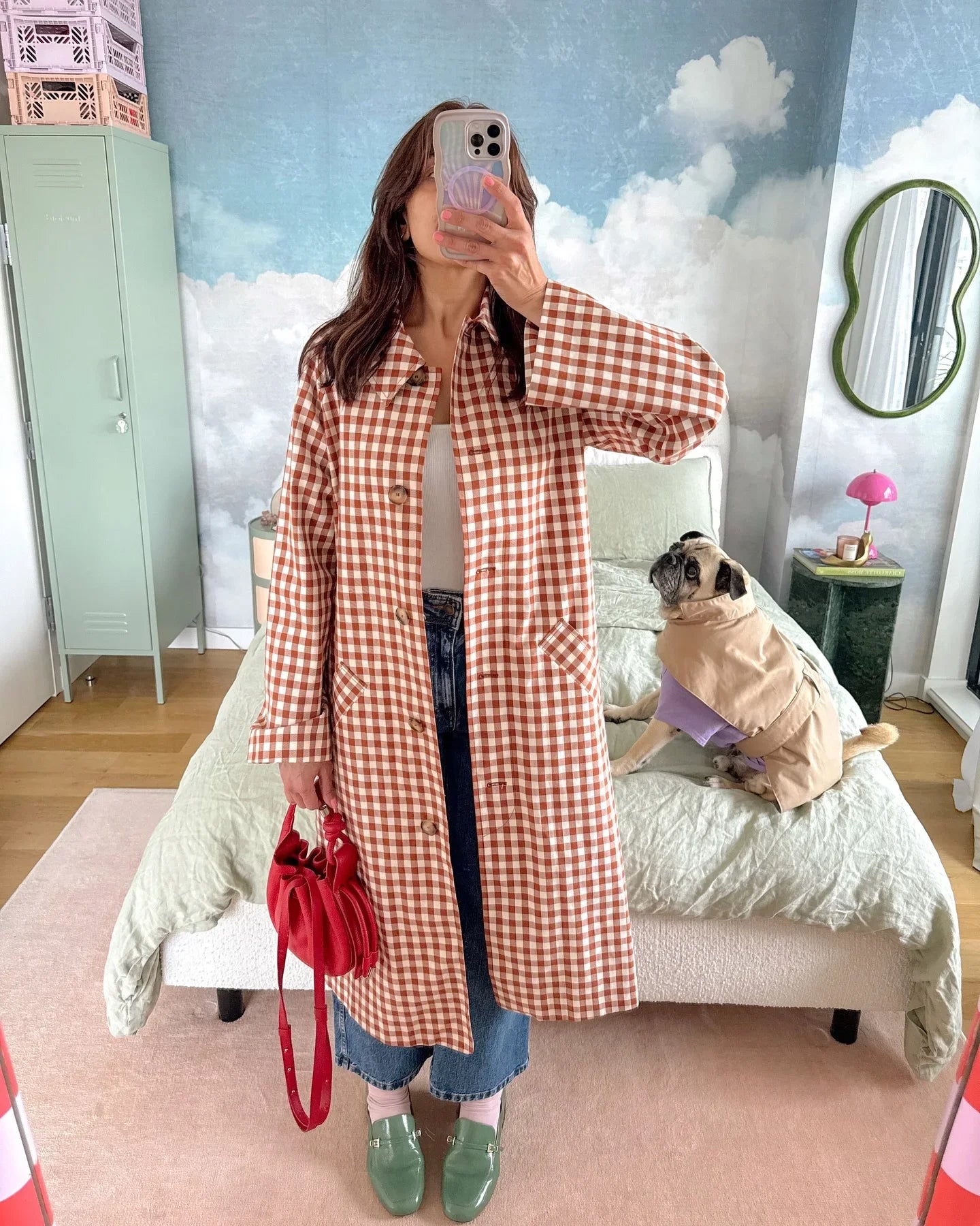 Red Plaid Long Trench Coat Casual Lapel Single Breasted Full Sleeve Windbreaker Jacket Y2k 2026 Autumn New Lady Streetwear