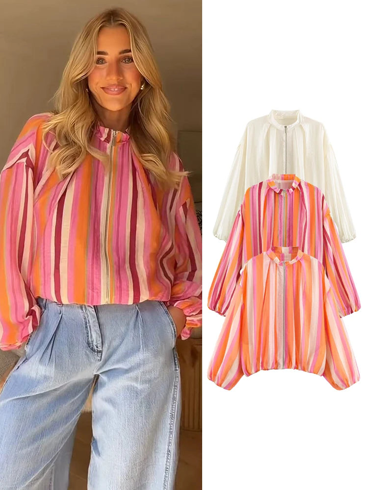 TFMLN Women's Bomber Jacket Multicolored Striped Long Sleeves Loose Jackets High Collar Striped Zipper Jackets and Elastic Trims