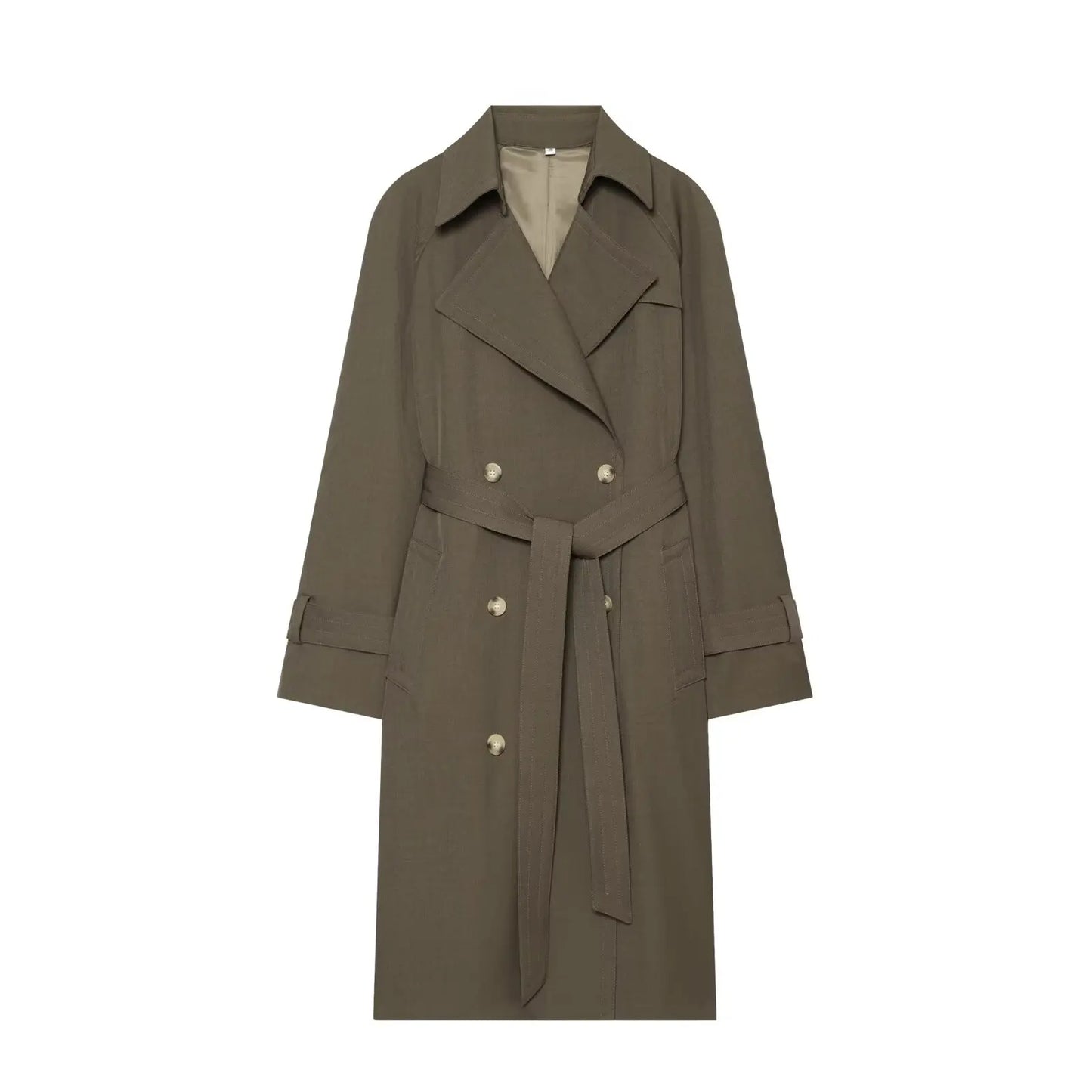 BSAY 2026 New Elegant Women Long Trench Coat Lapel Collar Double Breasted Waist Belt Raglan Sleeve Casual Windbreaker Outerwear