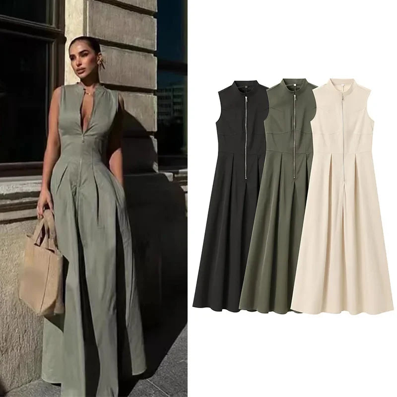 2026 2025 Spring New Women's Clothing Style French Design Round Neck Sleeveless Waist Commuter Temperament Midi Dress