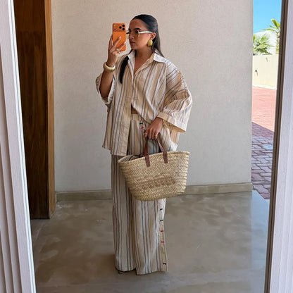 Contrast Stripe Linen Pants 2 Pieces Set Women's Lapel Buttons Shirts Long Trousers 2026 New Ladies Summer Vacation Beach Outfit