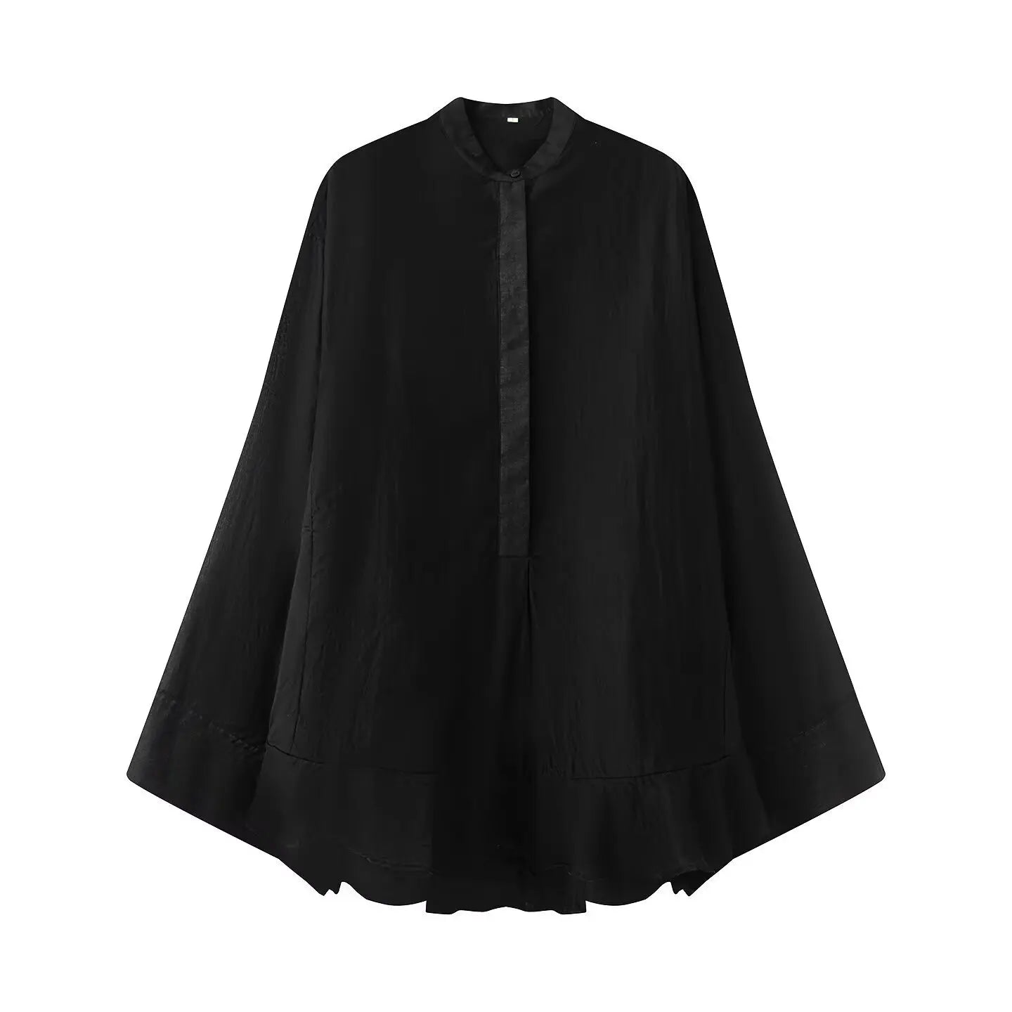 KADUWAKI Classic Solid Color Round Neck Layered Ruffle Edge Long Sleeved Shirt Fashion Single Breasted Casual Commuting Top