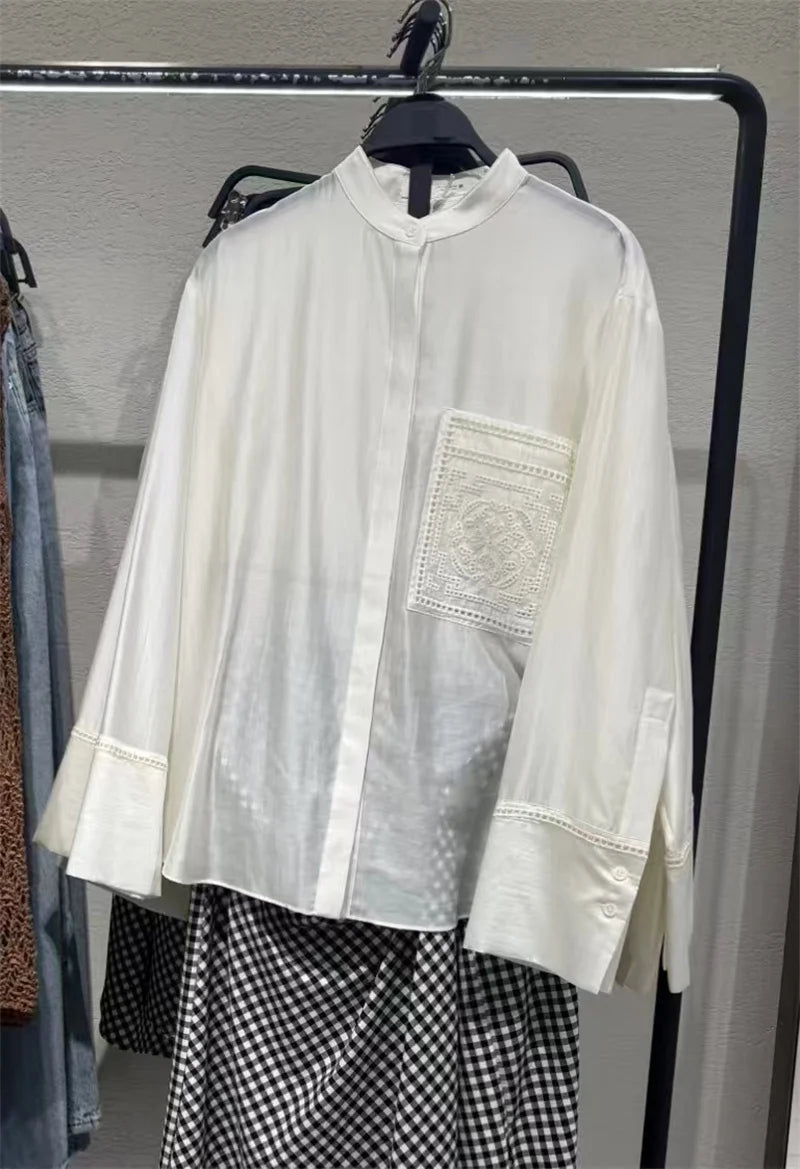 Guobioziy Women's Shirt 2026 Summer New Solid Color Long Sleeve Embroidered Pocket Loose Shirt Elegant Stylish Simple Fashion