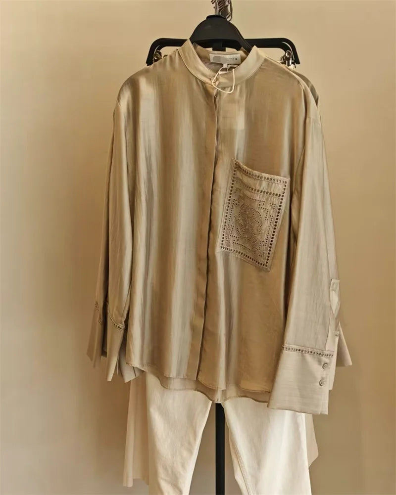 Guobioziy Women's Shirt 2026 Summer New Solid Color Long Sleeve Embroidered Pocket Loose Shirt Elegant Stylish Simple Fashion