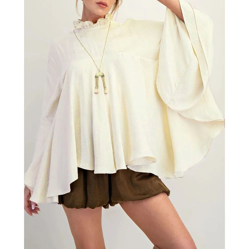 Women's Loose Fit Tops Fashionable Solid Color Long Sleeve Round Neck Irregular Ruffles Layered Blouses for Casual Daily Wear
