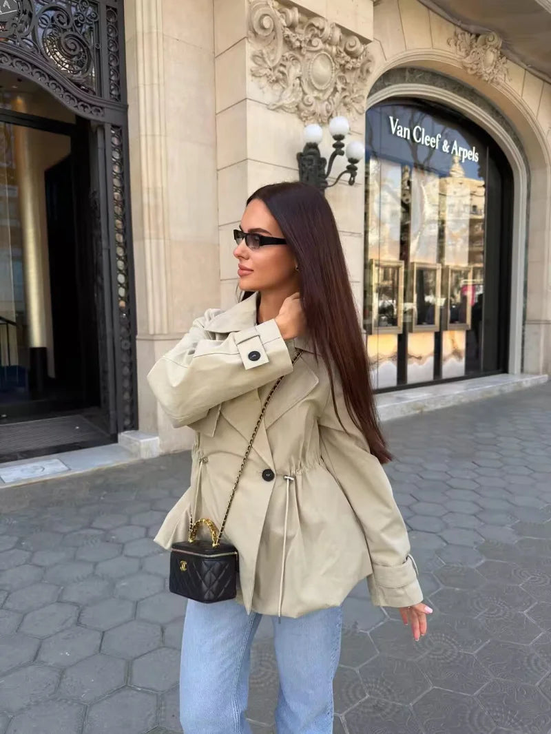 ETJ 2026 Women Casual Trench Coat Short Style Drawstring Waist Jacket Fashion Office Lady Spring Autumn Coat