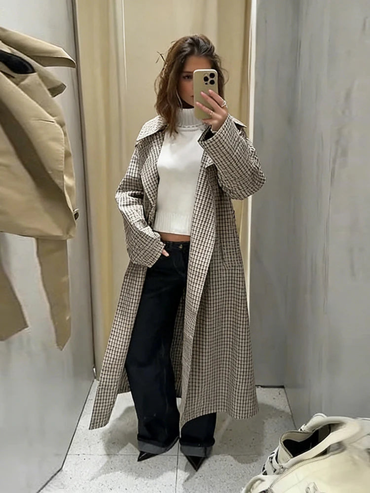 Women Casual Plaid Windbreaker Turn-down Collar Long Sleeve Belt Waist Jacket 2026 Spring Fashion High Street Lady Commute Coat