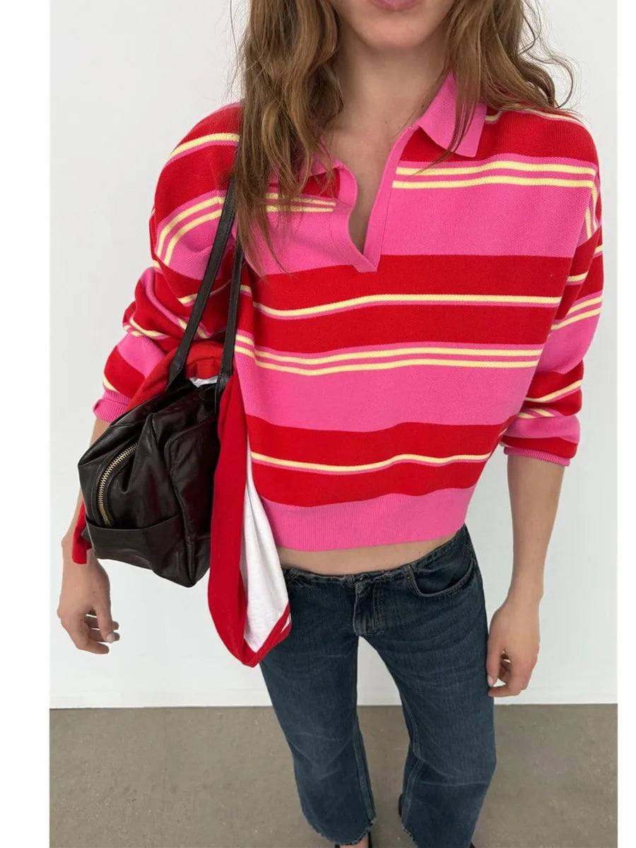 2026 Autumn Winter Two-tone Striped Turn-down Collar Pullovers Women Fashion Long Sleeve Knit Sweaters