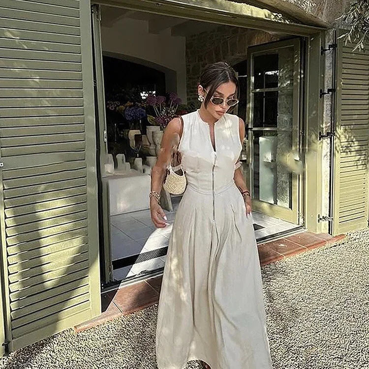 2026 2025 Spring New Women's Clothing Style French Design Round Neck Sleeveless Waist Commuter Temperament Midi Dress