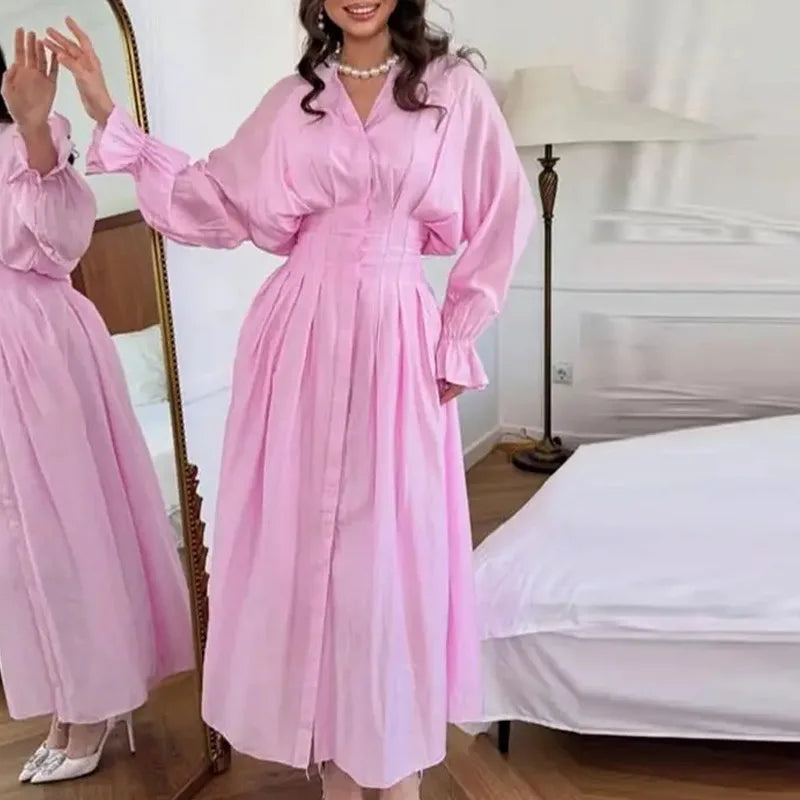 FL Summer New Women Slim Elegant Solid Waist Cinched Button Long Dress Soft Light Breathable Chic Daily Casual Beach Holiday