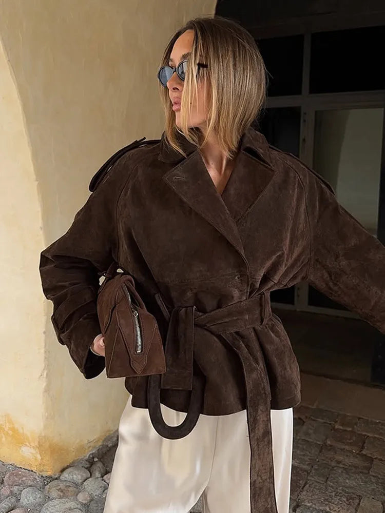 Fashion Suede Women's Jacket With Belt Brown Full Sleeve Turn-down Collar Lace Up Female Jackets 2026 Autumn Winter Lady Outwear