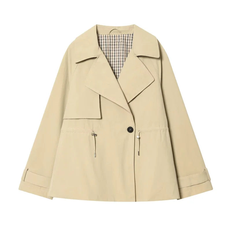 ETJ 2026 Women Casual Trench Coat Short Style Drawstring Waist Jacket Fashion Office Lady Spring Autumn Coat
