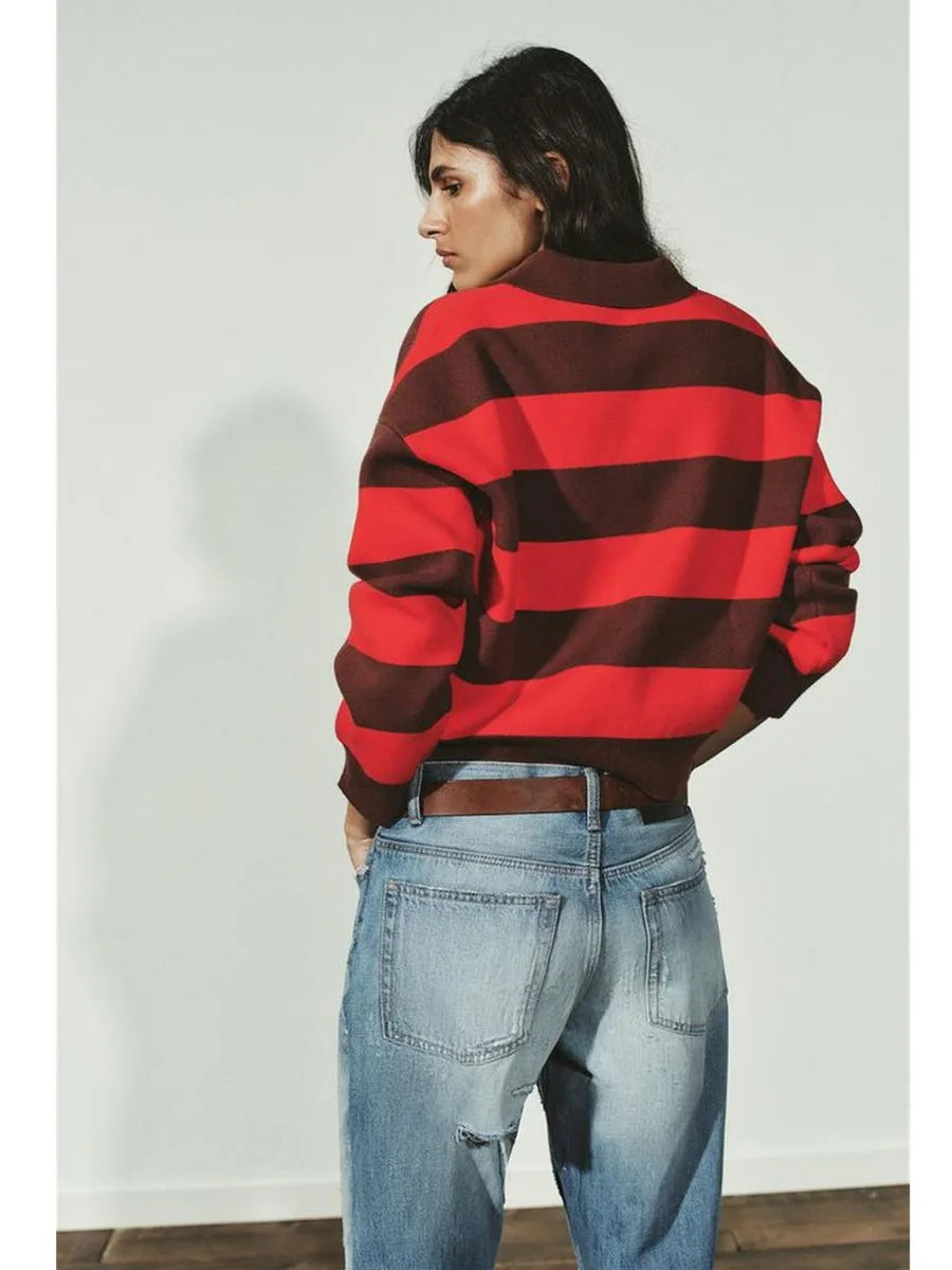 2026 Autumn Winter Two-tone Striped Turn-down Collar Pullovers Women Fashion Long Sleeve Knit Sweaters