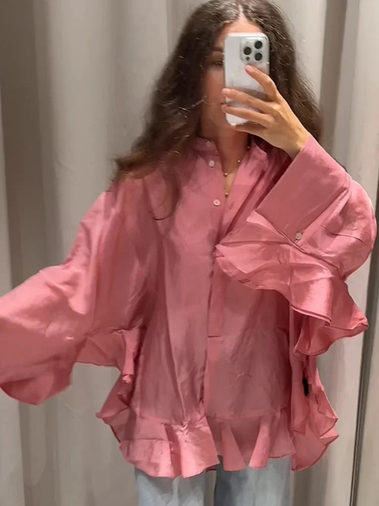 Women Solid Elegant Chiffon Ruffled Shirt Fashion Pink Single Breasted Loose Casual Shirts Lady Daily Chic Commute Office Tops